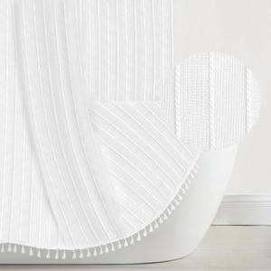 Seasonwood White Fabric Shower Curtain Boho Chic Striped Textured Tassel Shower Curtains for Bathroom, Wrinkle Free, Shabby Chic Cloth Shower Curtain Set with Hooks, 72x72 (72"W x 72"L (Pack of 1), White Striped)