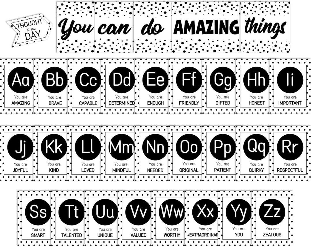 Bulletin Board Letters - ABC Alphabet with Growth Mindset Posters, Black and White Dual-Purpose Resource Motivational Banner English Learning Poster School Classroom Wall Decor for Preschool Supplies