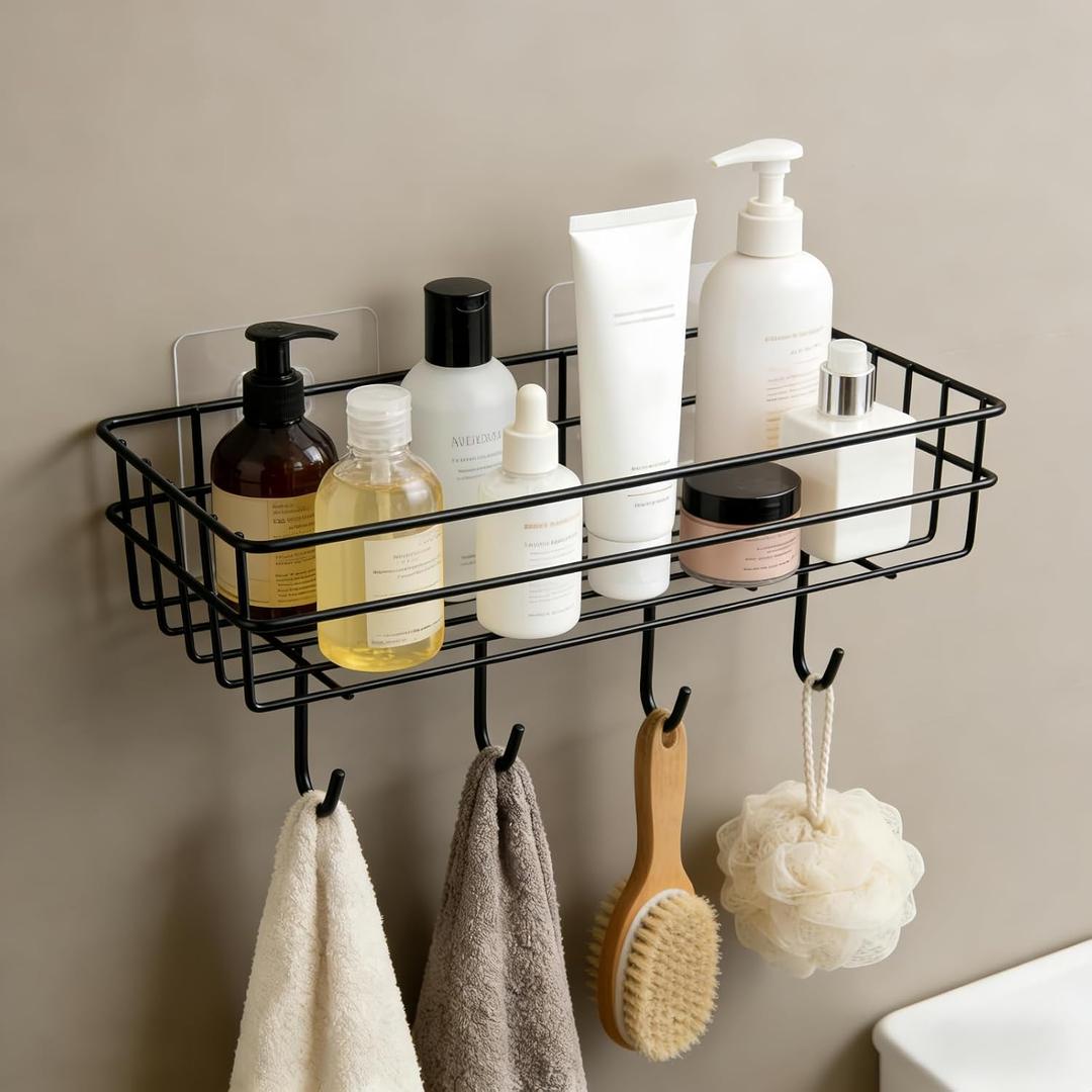 Shower Caddy Adhesive Wall Mounted, Rustproof Shower Organizer with 4 Hooks, Quick-Drain Shower Shelves, No Drilling Bathroom Organizers and Storage for Home Decor