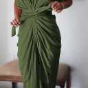 Women Elegant Satin Button Down Short Sleeve Maxi Shirt Dress with Belt (Small, 01-army Green)