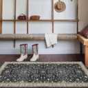 Black Entryway 2x5 Runner Rug, Small Throw Runners for Kitchen Bedroom Bathroom Laundry Room, Vintage Floral Decor & Non-Slip Low-Pile Washable Stain Resistant, Dark Ashen Charcoal