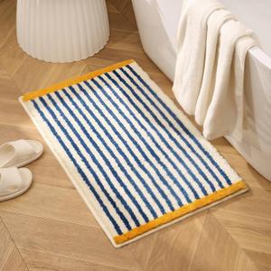 GIB Blue and White Striped Bath Mat 32" x 20", Yellow Accent, Extra Soft Absorbent Non-Slip Washable Plush Fluffy Shaggy Microfiber Bathroom Rug, Aesthetic Runner Rug for Bedroom (1'8" x 2'8" (Rectangular))