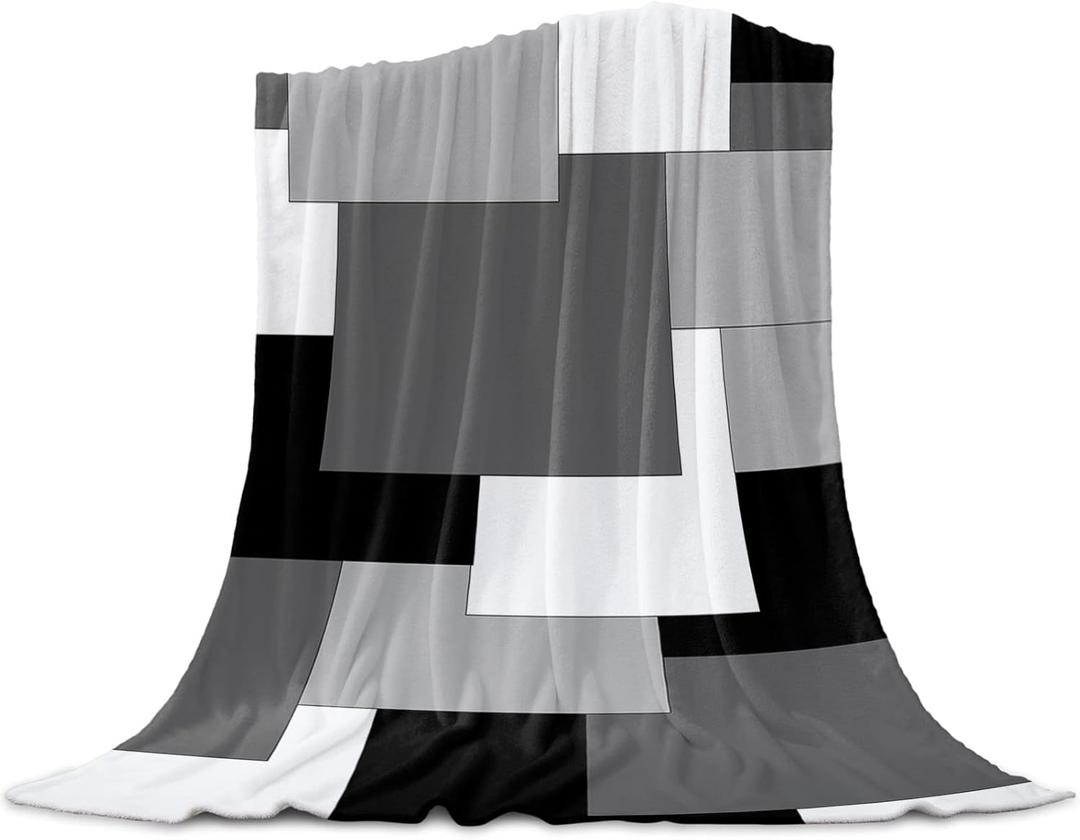 Fleece Blanket Warm Throw Blanket White Grey Black Abstract Geometric Fuzzy Bed Blanket Comfy Microfiber Flannel Blanket,Lightweight Blanket for Couch,Bed,Sofa,40x50 Inch