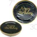 Oojami 180-Piece Happy Birthday Party Supplies Set  Serves 30 Guests with 9" Dinner Plates, 7" Dessert Plates, 12 oz Cups, and 3-Ply Napkins  Gold Foil Disposable Tableware Party Pack