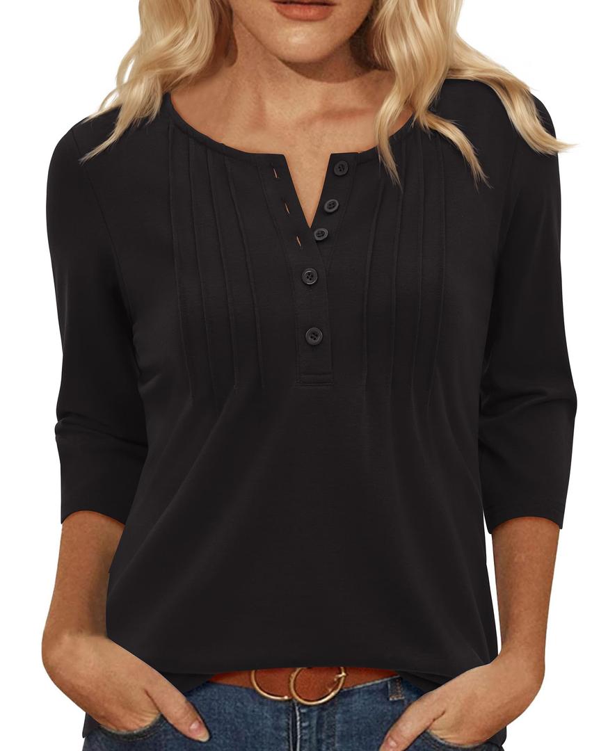 Uhiger Womens Black Button Down Shirt Henley V Neck Tops 3/4 Sleeve Tunic Tps for Women Loose Fit Dressy Blouses Business Casual Spring Summer Clothes Vacation Travel Outfit (XL)