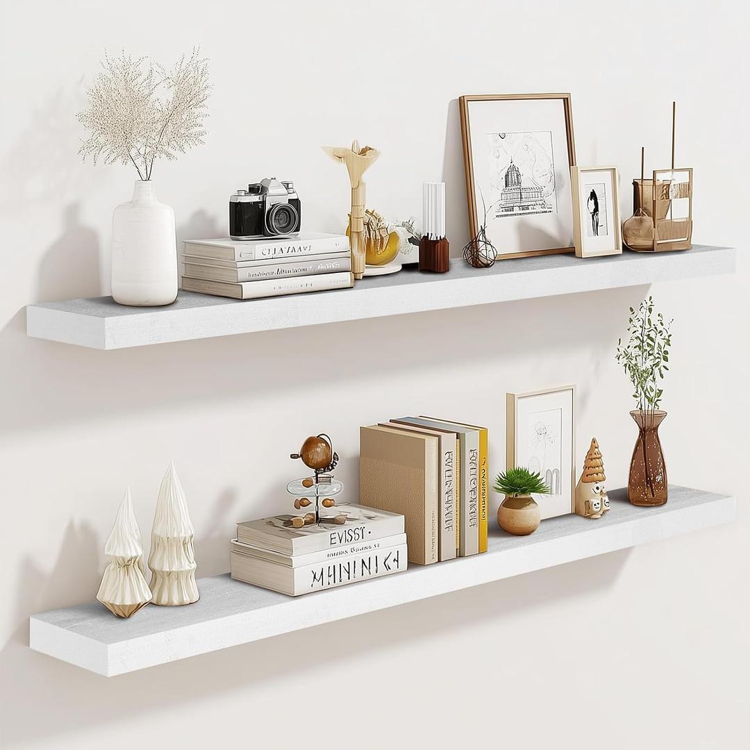 36"x6.8"x1.2" Solid Wood Floating Shelves 2-Pack - Rustic White Finish with Hidden Brackets, Perfect for Storage and Décor in Living Room, Kitchen, Bedroom, 36"-Set of 2