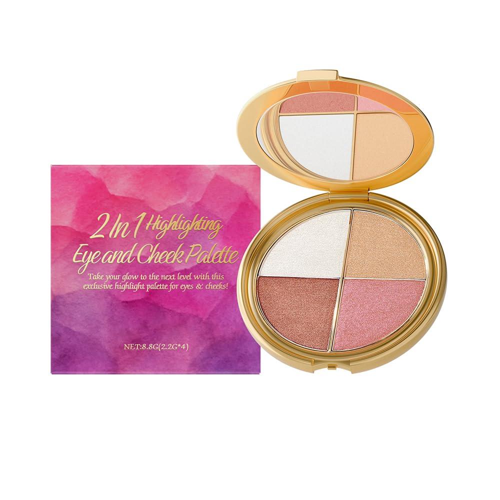 2 x All in One Makeup Palette, 4 Color Eye and Cheek Palette with Blush, Highlighter and Neutral Eyeshadow, Compact Travel Face Palette for Soft Glow Looks