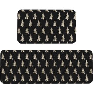 Black Christmas Kitchen Mats Set of 2 Cream Xmas Tree Print Winter Holiday Kitchen Rugs for Floor Home Decor Low-Profile Mats,17x29 and 17x47 Inch