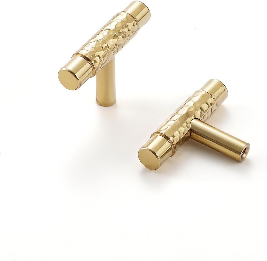 Polished Brass Cabinet Pulls, 5 Pack Modern Gold Solid Brass Dresser T-Bar Handles Cupboard Drawer Hardware for Bathroom Kitchen (5, T Knobs Single Hole)