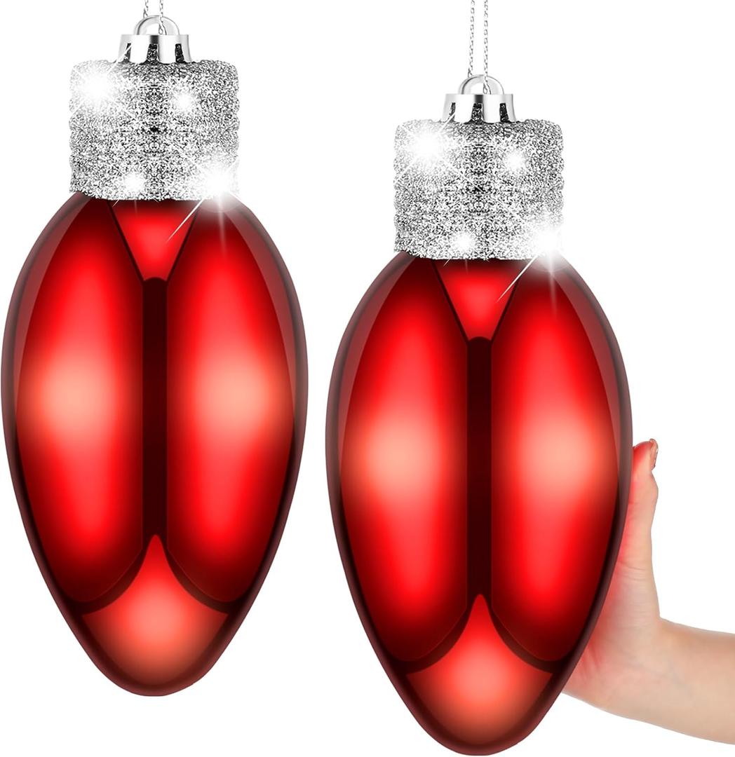 Zubebe 2 Pcs 12 Inch Glitter Lightbulb Shaped Ornament - Large Christmas Bulbs for Outdoor Tree Decorations - Plastic Light Bulb Hanging for Holiday Party