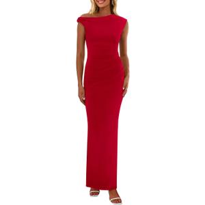 PRETTYGARDEN Women's 2026 Summer Formal Maxi Dresses Sleeveless One Shoulder Bodycon Ruched Mesh Wedding Guest Cocktail Dress (Red, XL)