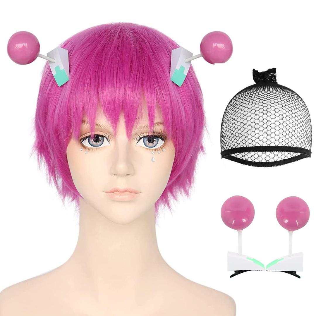 ANOGOL Hair Cap+ (2 Hairpins) Saiki k Wig for Cosplay Saiki K Hair Clips Short Pink Wig Pink Cosplay Wigs for Men Women Synthetic Hot Pink Hairs Wigs for Anime Halloween Costume Party