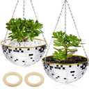 Irenare 2 Pcs 10" Silver Hanging Disco Ball Planter with Chain Home Boho Mirror Succulents Plant Pots for Wall Indoor Outdoor Plants Holder Decorations Window Desk