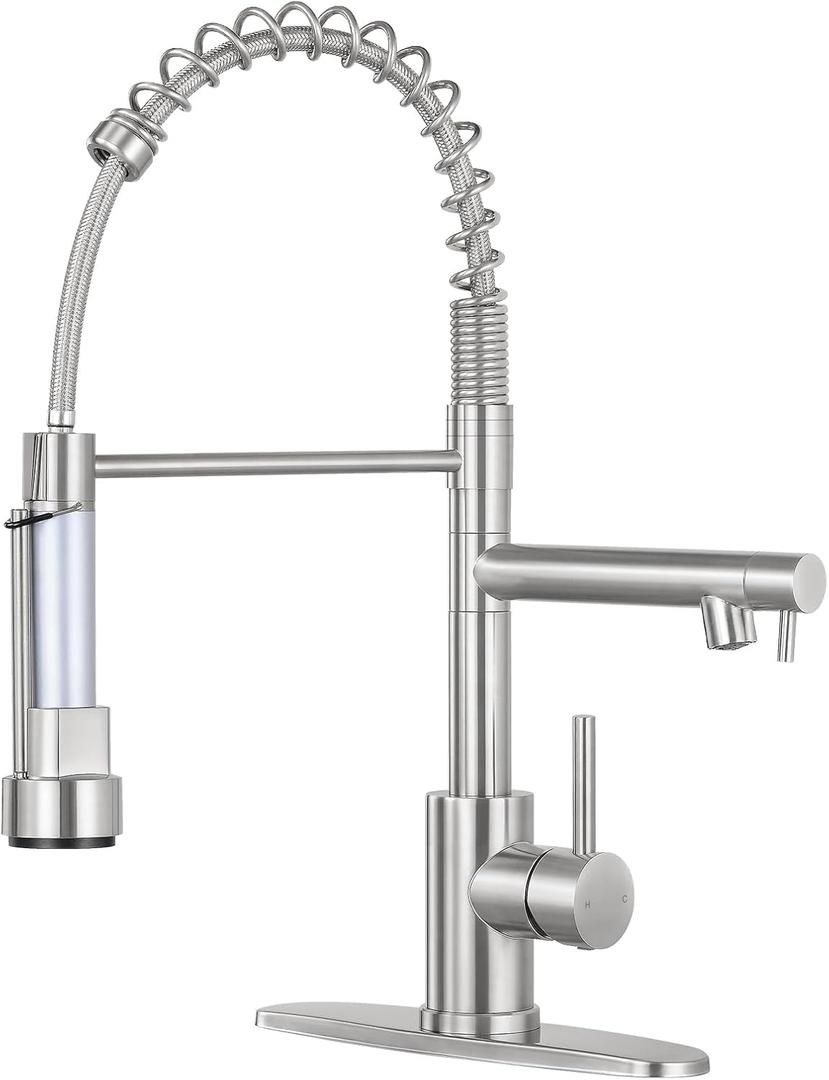 Kitchen Faucets with Pull Down Sprayer, Single Handle Double Headed, Stainless Steel Commercial Kitchen Sink Faucet with Deck Plate Cover, 1 or 3 Hole, Brushed Nickel