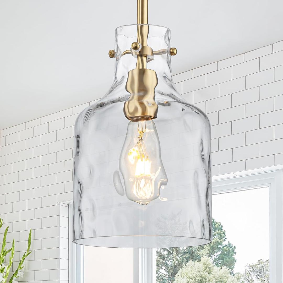 WILON Pendant Light Fixtures,Glass Pendant Lighting for Modern Kitchen Island Adjustable Hanging Ceiling Light 7" Hammered Glass Shade Pendant Lights for Dining Room Kitchen Sink, Gold Metal Finish (1-Light-Large)