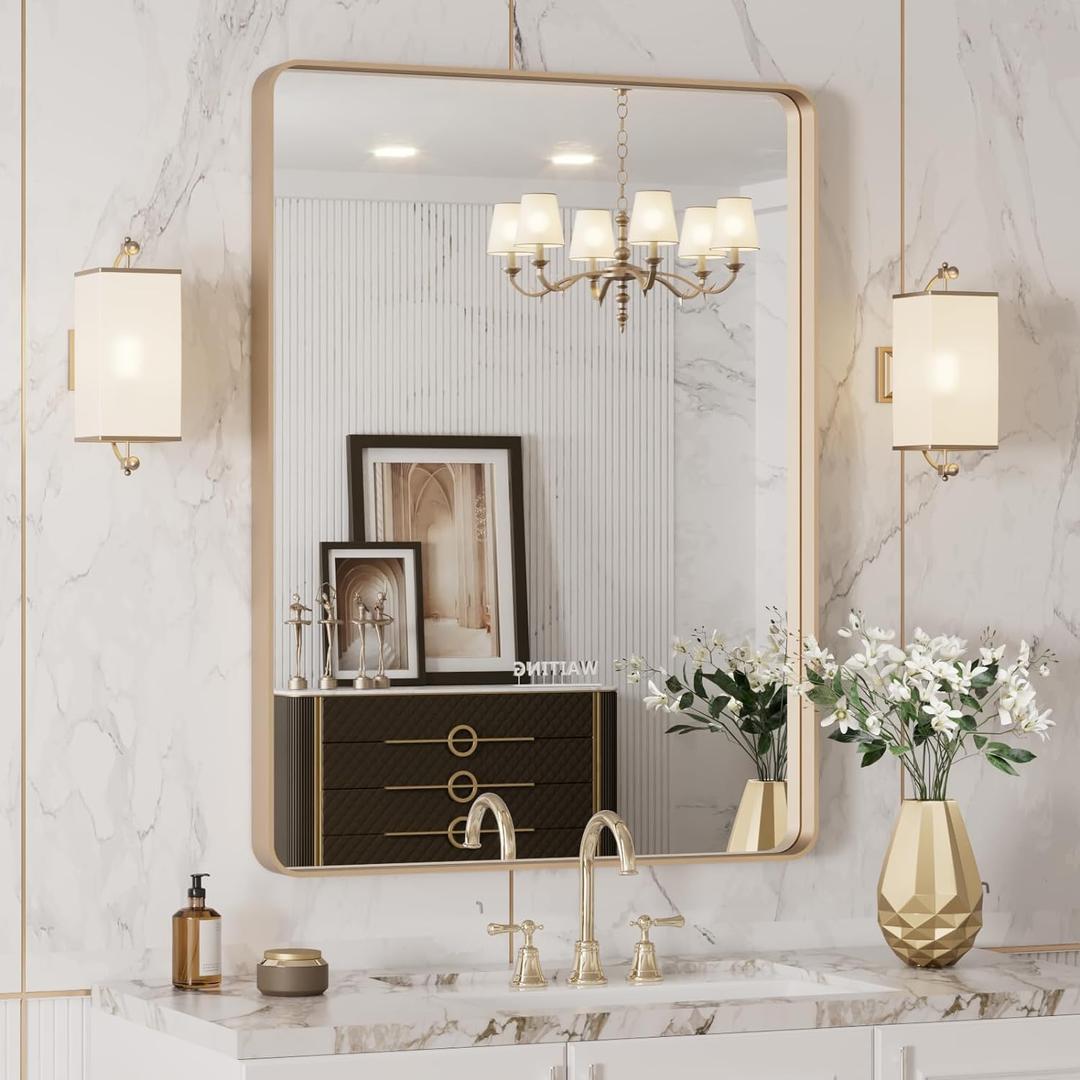 LOAAO 24X32 Gold Bathroom Mirror, Rounded Rectangle Gold Frame Mirror, Brushed Gold Bathroom Vanity Mirror Wall-Mounted, Anti-Rust, Hangs Horizontally or Vertically