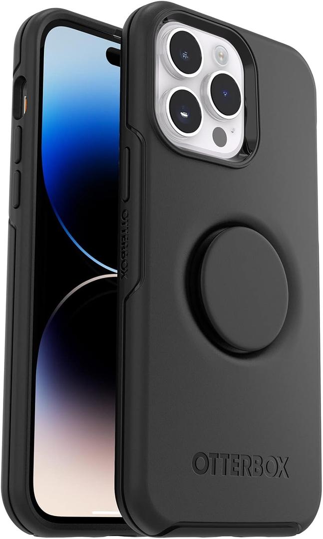 OtterBox iPhone 14 Pro (ONLY) Otter + Pop Symmetry Series Case - Black, Integrated PopSockets PopGrip, Slim, Pocket-Friendly, Raised Edges Protect Camera & Screen