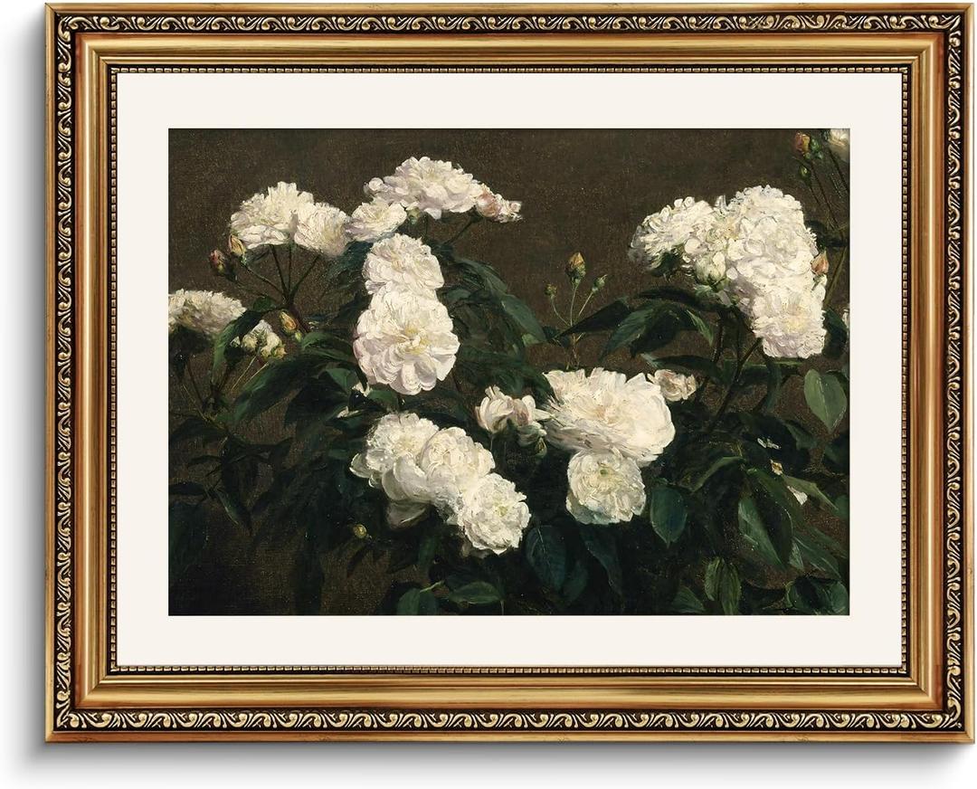 ARPEOTCY Vintage Gold Framed Wall Art, 16x20 inch White Roses Picture Retro Paintings, Large Canvas Prints Artwork, Home Classical Floral Wall Decor for Bedroom Living Room Bathroom
