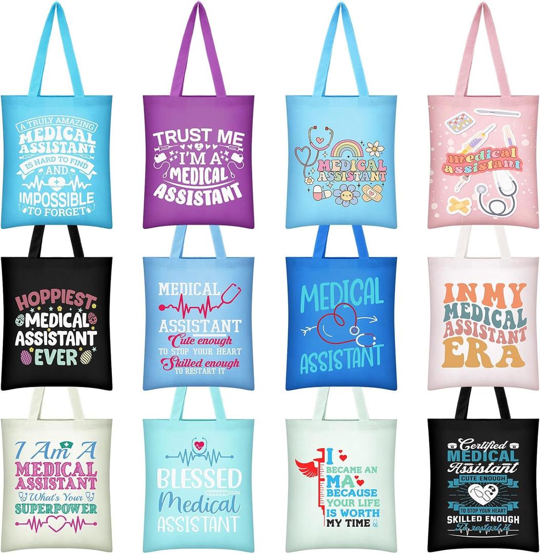 Paterr 12 Pcs Medical Assistant Bags Medical Assistant Week Recognition Day Gifts Bulk MA Appreciation Gifts Nursing Totes Canvas Stuff Nurse Handle Bags for Women Doctor Retirement Party Supplies