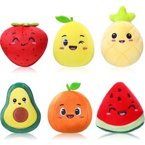 Aoriher Sensory Toys for Kids, 6 Pcs Mini Fruit Stuffed Plush Toy for Girls or Boys as Party Decorations, Toddler Pretend Play Kitchen Food, Classroom Prizes, Avocado Strawberry Orange Pineapple