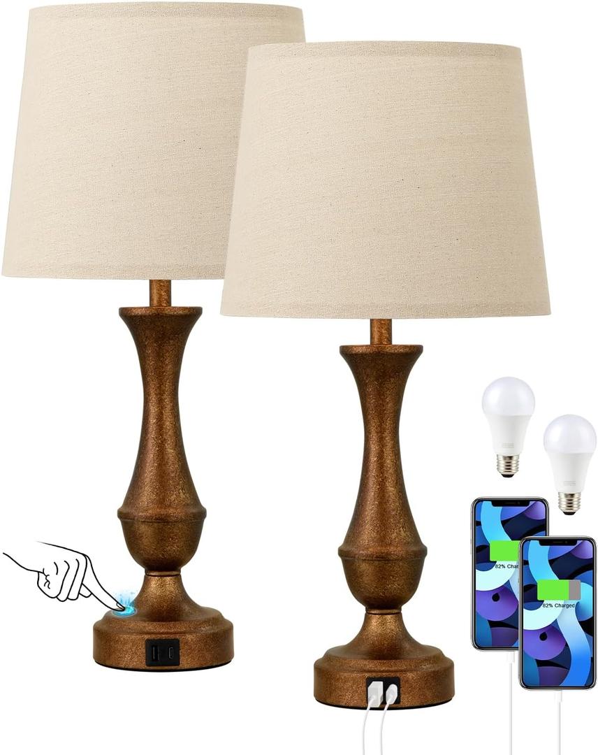 Seealle Upgraded Touch Lamps for Night Stands Set of 2  Bedside Lamps with USB C+A, 3 Way Dimmable for Bedroom Living Room End Tables Office (Brown&Oat)