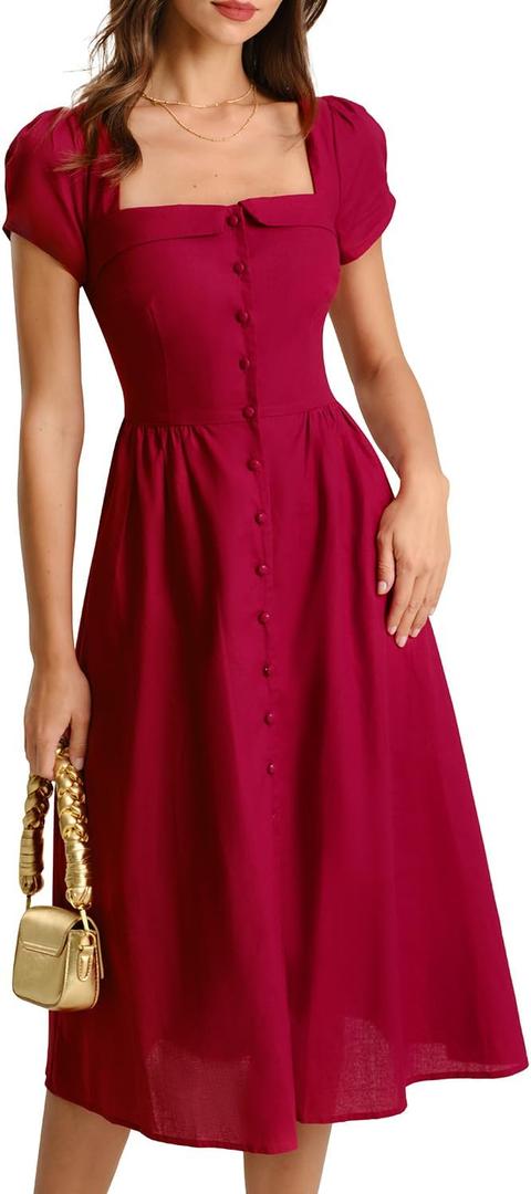 RIHOAS Casual Dresses for Women Short Sleeve Square Neck Midi Dress | Elegant,Botton,Puff Sleeve,A-Line,Cotton linen,Church,Vacation,Semi Formal,Beach,Retro,X Cross,Summer (Red, M)
