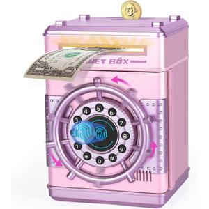Refasy Piggy Banks for Girls, Electronic Money Bank Password Money Safe Cash Coin Piggy Bank, Fingerprint Simulation Bank Toys for 3 4 5 6 7 8 9 10 12 Year Old Girls Kids Birthday Xmas Gifts (Pink)