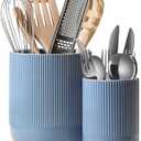 LE TAUCI Utensil Holder for Kitchen Counter, 7.3"+5.4" Fluted Ceramic Utensil Crock Organizer for Countertop, Heavy Large Holder for Spatulas, Spoons, Set of 2, Dusty Blue