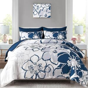 Anibedding Navy Floral Comforter Set King Size 7 Piece, Blue Flower Bed in a Bag, Elegant Botanical Floral Comforter Soft Microfiber Complete Bedding Set for All Season, (Navy Blue, 104"x90")