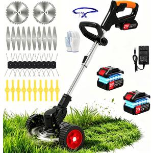 Electric Weed Wacker Cordless with Wheels,21V Lightweight Electric Weed Eater Battery Powered,4 in 1 Grass Trimmer/Brush Cutter/Lawn Edger/Lawn Mower,No String Trimmer Battery Operated for Garden Yard