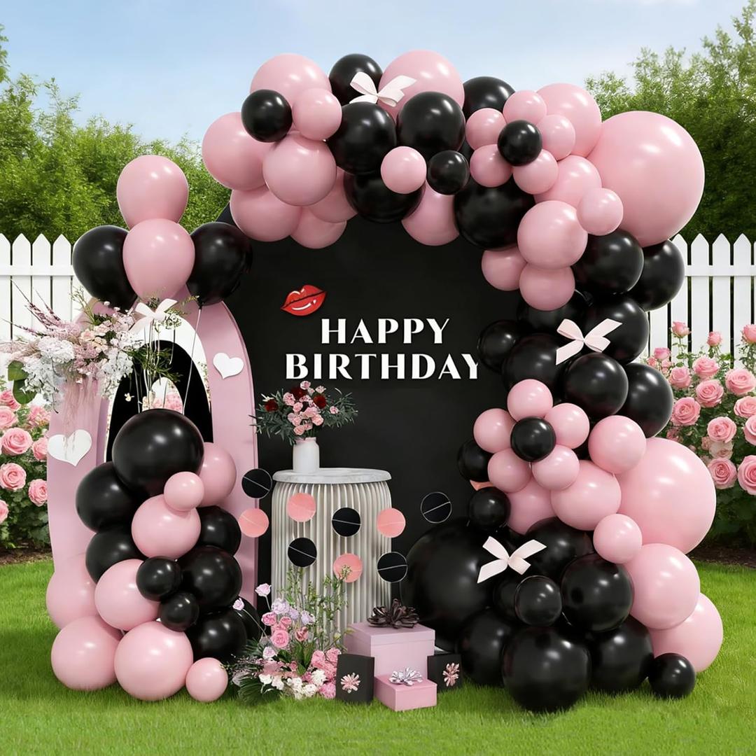 Pink and Black Balloon Arch Kit 141Pcs Light Pink Black Balloons with Paper Circle Dots Garland for Coquette Birthday Bachelorette Party Decorations Wedding Bridal Baby Shower