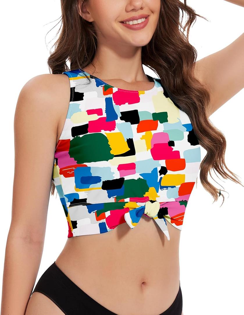 WOWENY High Neck Bikini Top Tie Knot Front Crop Top Tankini Swimsuit Swim Tops Only (Medium, 2146-color Block)