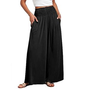 ANRABESS Women Palazzo Pants Summer Boho Bagyy Wide Leg High Smocked Waist Casual Loose Lounge Pant with Pocket Black Small