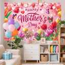 Mother's Day Backdrop Happy Mother's Day Party Decor Banner Supplies Heart-Shaped Balloon Floral Tulip Butterfly Pink Photography Backdrop,Holiday Wall Decor for Indoor Outdoor Garden Yard 7x5ft