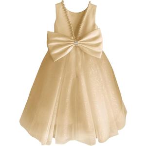 Glitter Tulle Flower Girl Dress V-Back Girls Party Dress with Pearls Princess Full-Length Bow-Knot Pageant Dress, Size 4