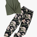 Kids Clothes Girls Twist Front Tank Top Letter Print Elastic Waist Camouflage Pants with Pockets Summer Girls Clothes 11-12 Y
