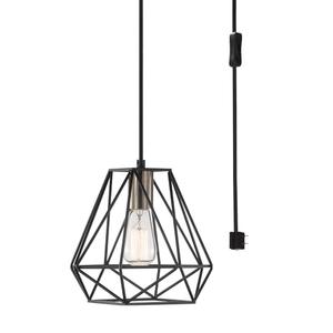 GLOBE Electric 60846 1-Light Plug-in or Hardwire Pendant Lighting, Dark Bronze, Antique Brass Accent Socket, Cage Shade, 15-Foot Black Fabric Cord, in-Line On/Off Switch, Bulb Not Included