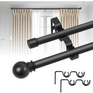 Black Double Window Curtain Rods 31 to 52 Inches, 5/8 Inch Diameter Dual Drapery Rod with Brackets, Splicing Double Blackout Curtain Rods for Bedroom,Patio,Sliding Glass Door