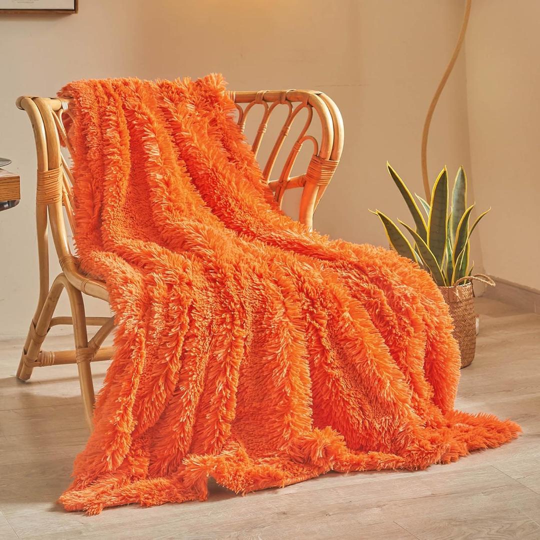 XeGe Luxury Faux Fur Bed Blanket, Orange Soft 60x80 Fluffy Throw, Shaggy Plush Fall Decorative Blanket, Cute Furry Fuzzy Bed Throw for Bedroom Living Room, Orange, 60x80