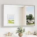 Keonjinn 48 x 30 Inch Brushed Nickel Bathroom Mirrors for Over Sink, Beveled Rectangle Framed Mirrors for Wall, Farmhouse Bathroom Vanity Mirror, Tempered Glass, Square Corner