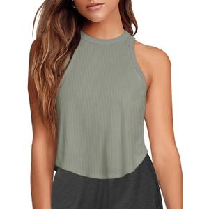 LASLULU Womens Crop Tops Sleeveless Workout Tops Halter Neck Flowy Athletic Shirts Cropped Tank Muscle Tank (Gray, L)
