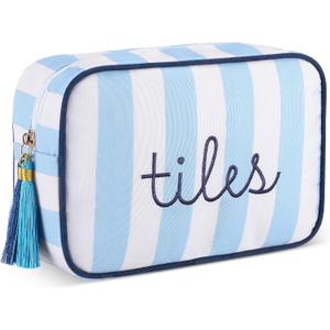Sanwuta Mahjong Tile Bag with Zipper, Striped Embroidered Mahjong Storage Pouch Mah Jong Bags for Tiles Board Game Pieces Game Party Travel Gatherings Accessories(Blue,Classic)