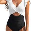 B2prity One Piece Swimsuits for Women Ruffle Sleeve V Neck Bathing Suit Tummy Control Cutout Monokini Slimming Swimwear (Medium, White,black)