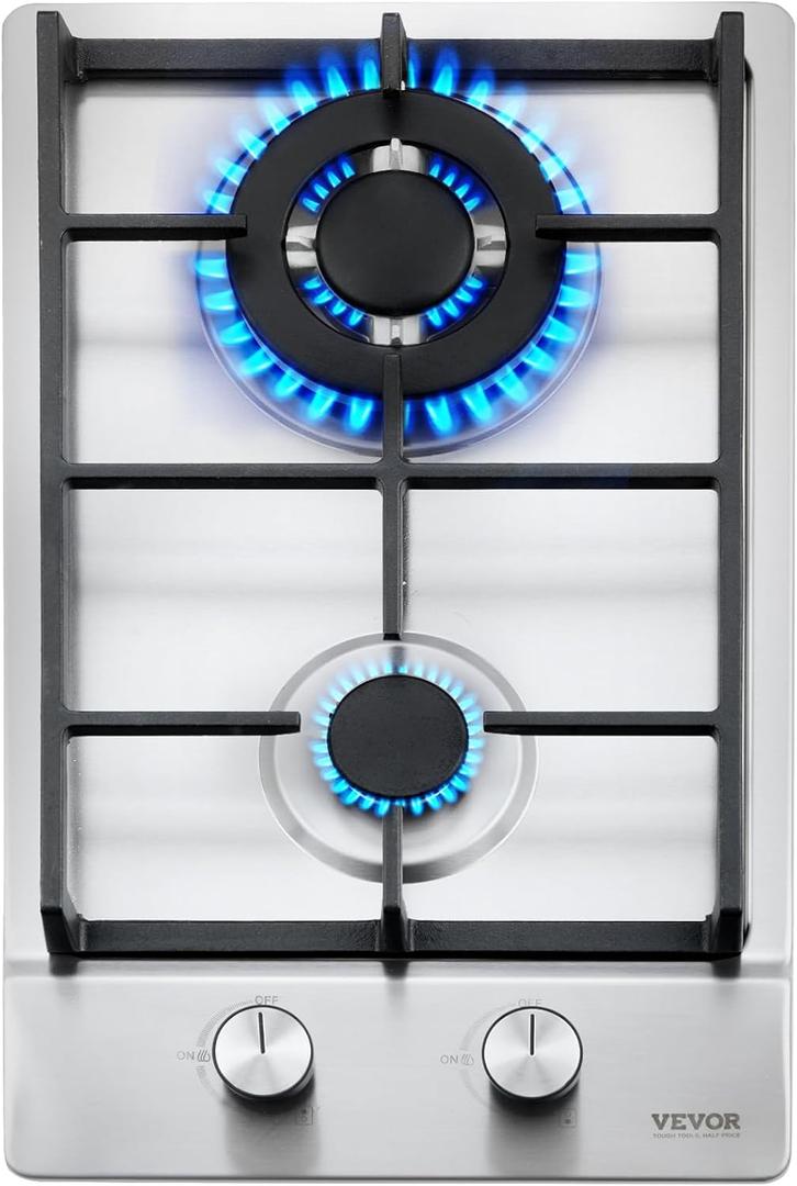 VEVOR 12 inch 2 Burners Cooktop Max 12250BTU Built-in Stainless Steel Stove Top LPG/NG Convertible Dual Fuel Natural Gas Hob with Thermocouple Protection for Outdoor, Kitchen, Camping, RV