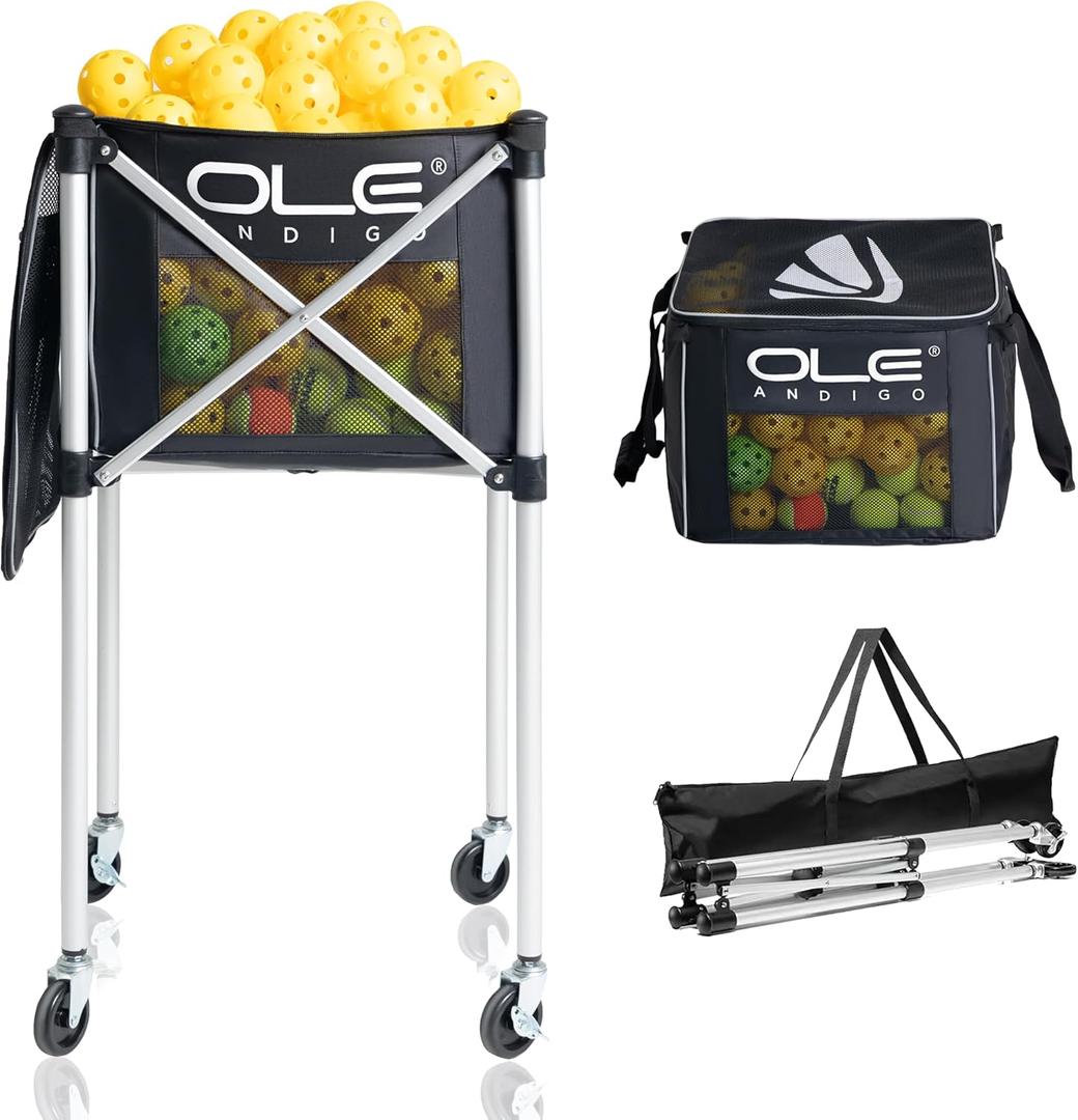 Pickleball Cart Portable Tennis Balls Hopper,Holds 180 Pickleballs or 210 Tennis Balls,Pickle Ball Equipment,Ball Caddy with Wheels for Pickleball Player Training