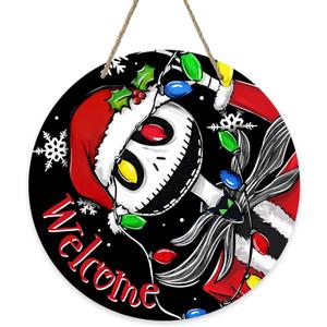 Deroro Welcome Christmas Front Door Sign, Black Xmas Wood Door Hanger Outdoor Outside Porch Decor, Funny Winter Holiday Wooden Wreath Indoor Wall Hanging Decoration