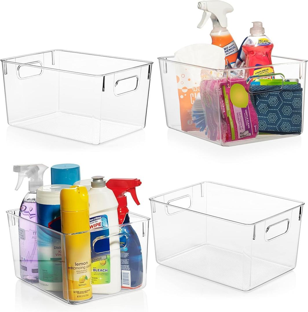 ClearSpace Clear Plastic Storage Bins  Pantry Organizers & Storage Containers, Cabinet Organizer - Home Organization Must Haves for Kitchen, Laundry Room, Office, Closet, Garage & Freezer (4 Pack)