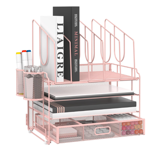 Marbrasse Desk Organizers, 4Tier Mesh Desk File Organizer with 5 Vertical File Holders and 2 Pen Holders, Multifunction Desktop Organizer,Desk Organizers and Accessories for Home Office (Pink)