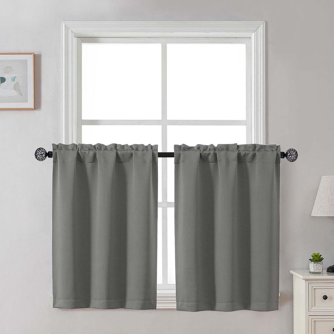 Gwine Light Grey Blackout Curtains 30 Inch Length, Short Kitchen Curtains for Bedroom Bathroom Basement, Light Blocking Half Window Tier Window Treatments Rod Pocket, 2 PCS, Each 30" Wx30 L