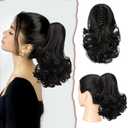 SOFEIYAN Ponytail Extension 11 inch Claw Clip Ponytail Hair Extensions Long Curly Wavy Ponytail Fluffy Clip on Pony Tails Synthetic Hairpiece for Women Darkest Brown Tend to Black